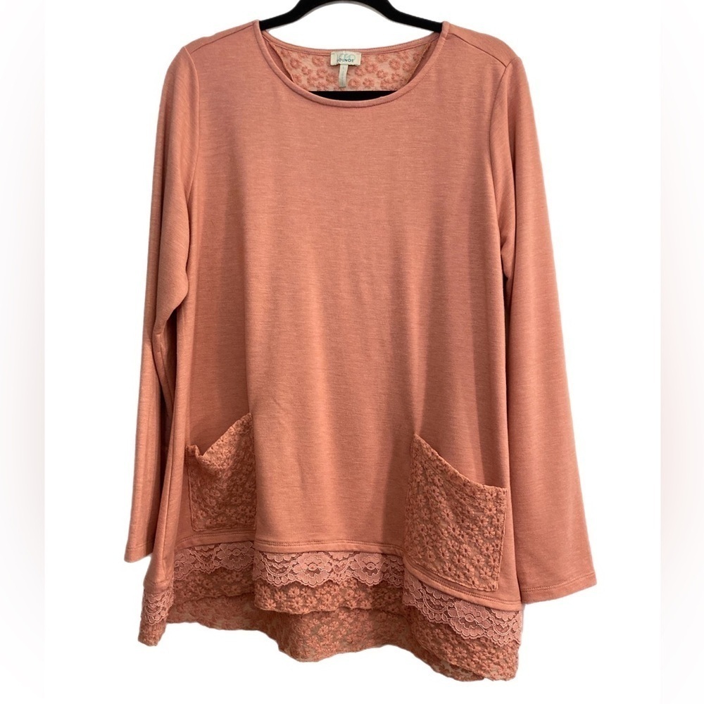 LOGO Lounge blush pink tunic top w/ lace detail at neckline, hem & pockets